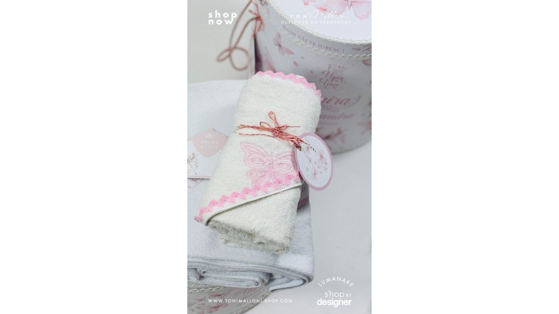 Set prima băiță cu nasii dupa botez cu fluturi roz Pink Butterfly Ritualul blând al apei pentru fetițe 18